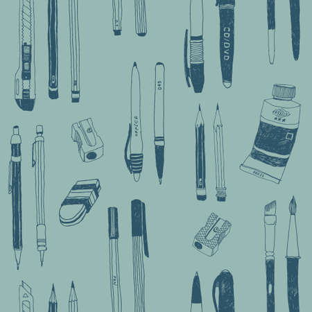 Stationery seamless pattern with pencils, pens, markers and sharpenersのイラスト素材