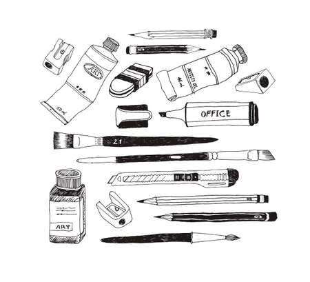 Hand drawn art tools and supplies set. Vector doodle illustration.のイラスト素材