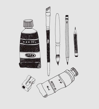 Hand drawn art tools and supplies set. Vector doodle illustration.のイラスト素材