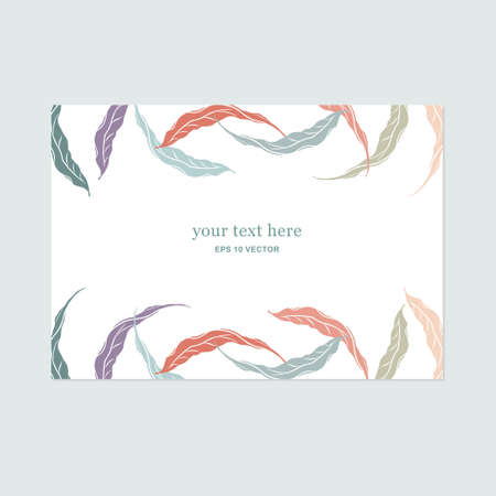 Unique gentle vector card template with decorative leaves and space for your text. Decoration for packages, greeting cards, prints, wedding invitations, leaflets, cosmetics etc.のイラスト素材