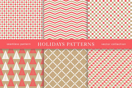 Set of winter holiday seamless patterns. Merry Christmas and Happy New Year. Collection of simple geometric textured backgrounds with red and golden colors. Vector illustration. EPS 10のイラスト素材