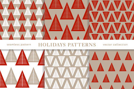 Set of winter holiday seamless patterns. Merry Christmas and Happy New Year. Collection of simple geometric textured backgrounds with red and golden colors. Vector illustration. EPS 10のイラスト素材