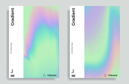 Set of trendy design templates with vibrant gradient holographic texture. Applicable for covers, brochures, placards, posters, flyers, presentations, banners, identity. Vector illustration.のイラスト素材