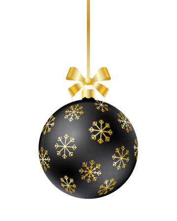 Black Christmas ball with ribbon and bow isolated on a white background. New Year decoration. Realistic vector illustration.のイラスト素材