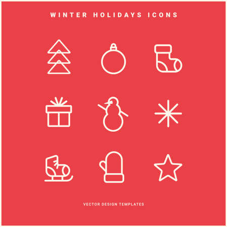 Set of winter holidays icons. Line pictograms. Merry Christmas and Happy New Year decoration. Vector illustration.のイラスト素材