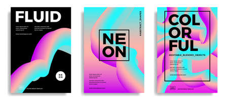 Set of trendy abstract design templates with 3d flow shapes. Dynamic gradient composition....
