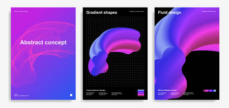 Set of trendy abstract design templates with 3d flow shapes. Dynamic gradient composition. Applicable for covers, brochures, flyers, presentations, banners. Vector illustration.のイラスト素材