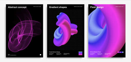 Set of trendy abstract design templates with 3d flow shapes. Dynamic gradient composition....