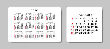 Calendar 2020. Vector design template. Week starts on Sunday.のイラスト素材