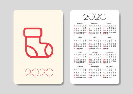 Pocket Calendar 2020 with winter holidays pictogram - Felt Boot. Happy new year. Modern vector design template. Week starts on Sunday.のイラスト素材
