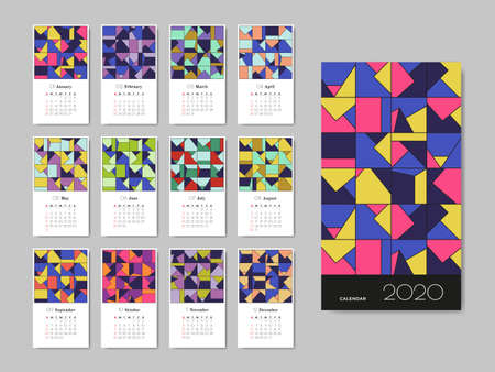 Wall Calendar 2020 with abstract colorful geometric pattern. Bright creative composition. Modern design template. 12 pages and cover. Week starts on Sunday.のイラスト素材