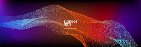 Panoramic science or technology background with dynamic particles. Trendy colourful design template. Applicable for banners, flyers, covers, presentations, identity, landing pages, websites.のイラスト素材