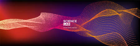 Panoramic science or technology background with dynamic particles. Trendy colourful design template. Applicable for banners, flyers, covers, presentations, identity, landing pages, websites.のイラスト素材
