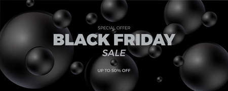 Black Friday sale banner. Minimal modern poster design template with 3d black balls. Social media product promotion web banner. Trendy abstract background. Vector illustration.のイラスト素材