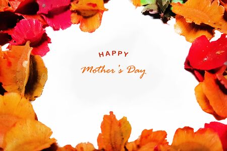 Happy mother's day on white background surrenden by dried flowerの写真素材