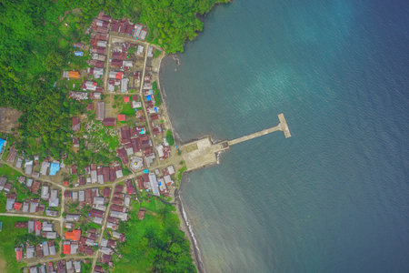 Aerial view of a coastal village featuring a pier extending into the deep blue ocean.の写真素材