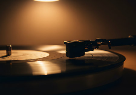 Side angle of a vinyl record player under a soft ambient lightの写真素材