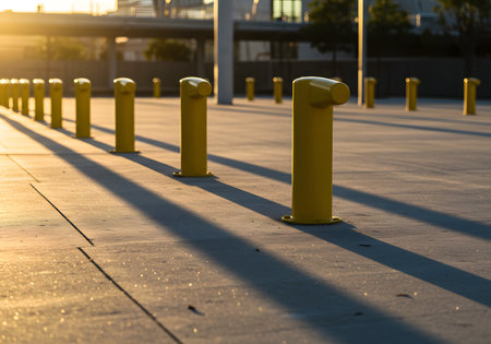 Sunset hitting yellow bollards in an urban space, casting shadowsの写真素材
