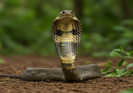 A poised cobra snake in defensive posture in the forestの写真素材