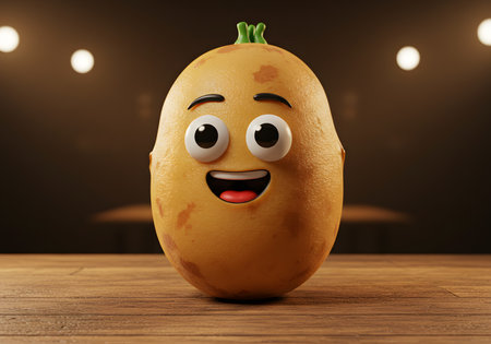 Smiling potato character under warm lighting, looking cheerful.の写真素材