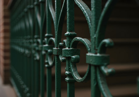 Detail of a green wrought iron fence with forged elements in a city parkの写真素材