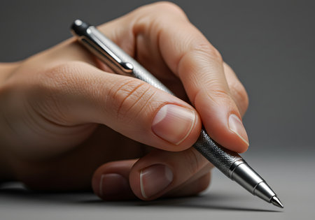 Hand with pen on grey background, close-up. Business conceptの写真素材