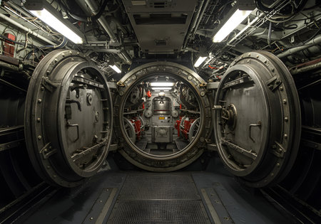 Interior view of a submarine, close-up view of the enginesの写真素材