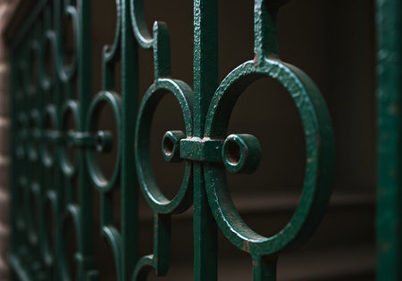 Close-up of a green metal gate with a forged pattern.の写真素材