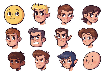 Expressive cartoon heads in round, square, oval, triangle shapes.の写真素材