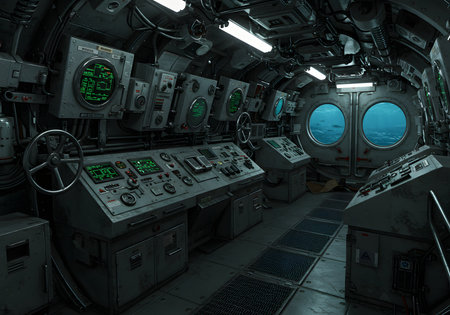 Realistic submarine with panels, metal walls, and dim ocean light.の写真素材