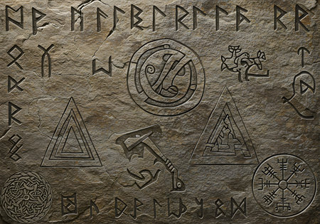 Norse tribal icons etched on aged stone with mythology.