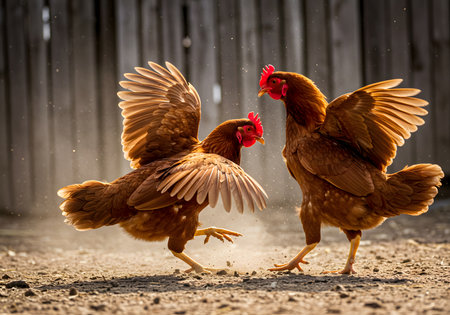 Two roosters energetically facing off in a rustic backyard.