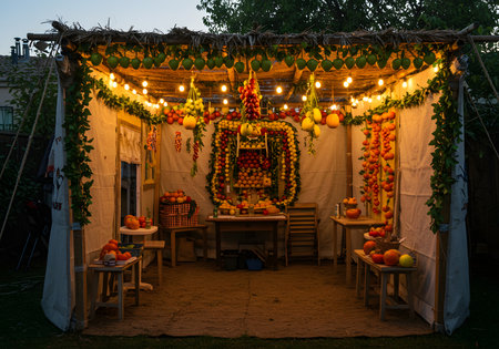 Warm and inviting room adorned with festive lights and garlands.の写真素材