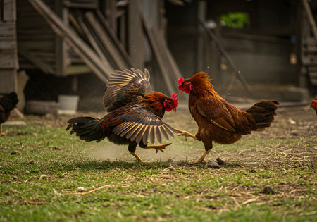 Two chickens flapping wings in a sunlit backyard.の写真素材
