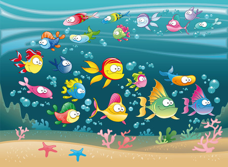 Family of fish in the ocean, cartoon and vector illustrationのイラスト素材