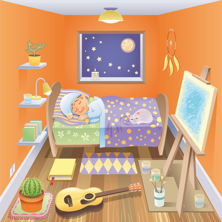 Boy is sleeping in his bedroom, cartoon and vector sceneのイラスト素材