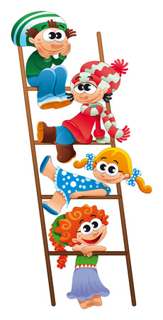 Staircase with children. Funny vector and cartoon scene.のイラスト素材
