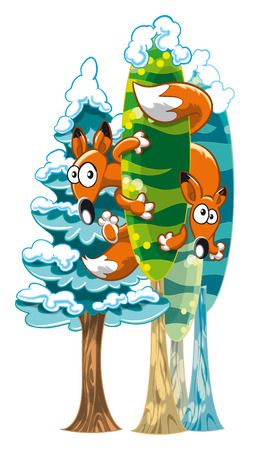 Two foxes between trees. Vector and cartoon winter sceneのイラスト素材