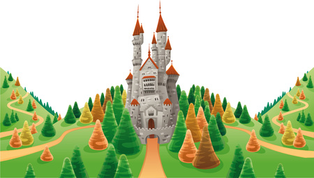 Medieval castle in the land. Cartoon and  illustrationのイラスト素材