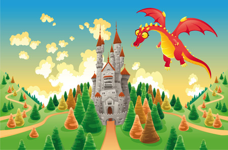 Panorama with medieval castle and dragon. Cartoon and vector illustrationのイラスト素材