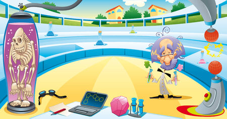 Mad scientist in the laboratory. Funny  cartoon illustration. Isolated objectsのイラスト素材