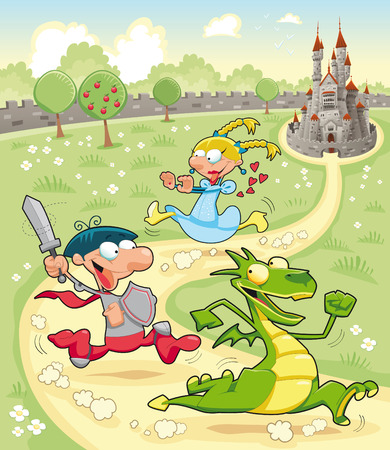 Dragon, Prince and Princess with background. のイラスト素材