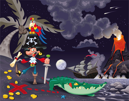 Pirate on the island in the night. Funny cartoon のイラスト素材
