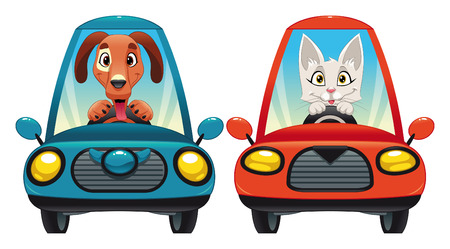 Animals in the car: Dog and Cat. Funny cartoon  のイラスト素材