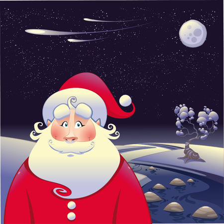 Santa Claus with landscape. Funny cartoon and  illustration.のイラスト素材