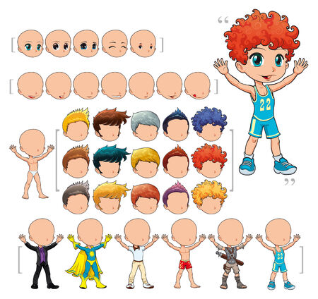 Avatar boy,  illustration, isolated objects.   All the elements adapt perfectly each others. Larger character on the right is just an example. 5 eyes, 7 mouths, 15 hair and 7 clothes. Enjoy!! のイラスト素材