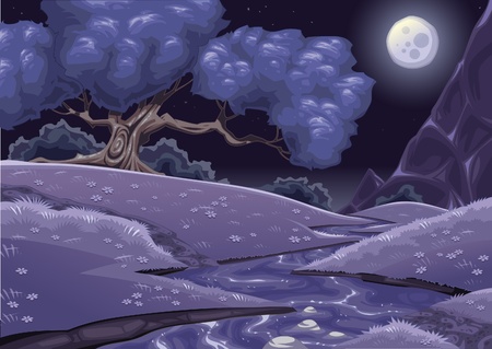 Cartoon nightly landscape with stream. Vector illustration. のイラスト素材