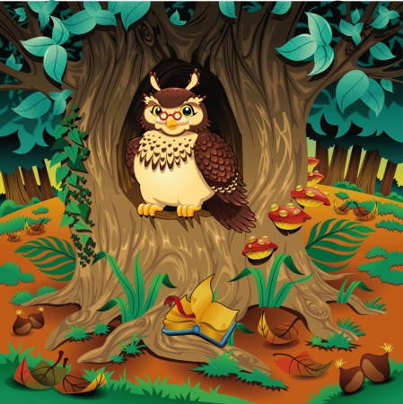 Scene with owl. Cartoon and vector illustration. のイラスト素材