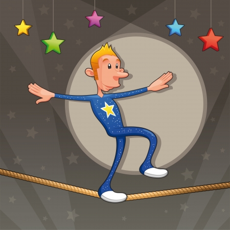 Funny equilibrist is walking on the tightrope. Cartoon and vector illustration. のイラスト素材