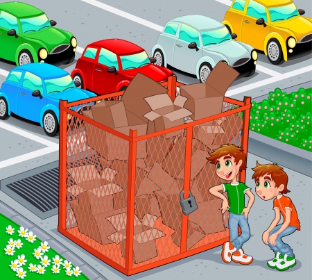 Twins are near a recycling cage. のイラスト素材